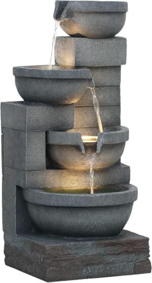 Outsunny 30″ Tall Outdoor Waterfall Fountain with LED Lights, 4-Tier Resin Cascading Water Bowls with Pump, Gray