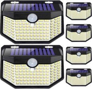 HMCITY 120 LED Outdoor Solar Lights with Motion Sensor and 3 Lighting Modes, IP65 Waterproof Wide Solar Wall Lights Ideal for Garden Patio Yard (Front Button 6Packs, Black Shell-Daylight White)