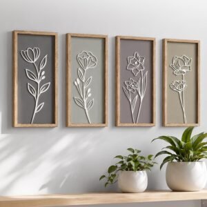 3D Wooden Floral Bathroom Wall Decor (Set of 4) Lightweight, Ready-to-Hang Framed Wall Art For Living Room, Bedroom, or Office – Premium Boho Botanical Farmhouse Decorations – Gift-Boxed
