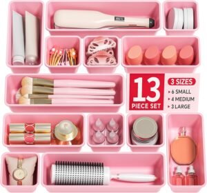 Canfanni 13 Pack Plastic Drawer Organizers Set, 3 Sizes Desk Drawer Organizer Trays for Vanity and Makeup Organizer, Organization and Storage for Makeup, Kitchen Utensils, Bathroom and Office(Pink)