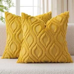 MIULEE Summer Mustard Yellow Throw Pillow Covers 18×18 Inch, Soft Plush Faux Wool Solid Couch Pillows Set of 2, Decorative Farmhouse Boho Cushion Covers for Sofa Living Room Bed Home Decor