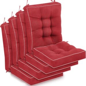 Juexica 4 Sets Outdoor Patio Cushions High Back Outdoor Chair Cushions Rocking Cushion Patio Fastness Chair Pads with Ties for Seasonal Indoor Home Office(Red)