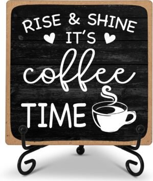 Farmhouse Coffee Bar Sign, Rise & Shine It’s Coffee Time, 5″x5″ Wood Plaque with Stand Gift for Home Kitchen Tabletop Decor -B09