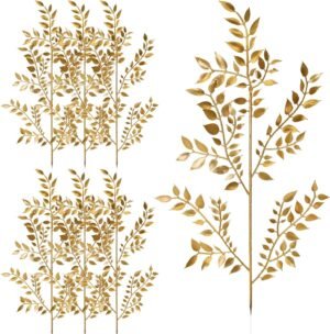 6 Pack Fake Leaves Gold Leaf Christmas Decor Gold Decor Ation Artificial Leaves Flower Stems Faux Branches Fake Plants for Vase Wedding Bouquet Leaf Table Centerpiece DIY