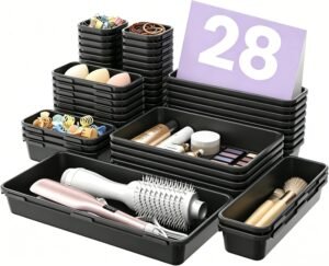 A-LuGei 【Military Grade Drawer Organizer, 【𝟱𝗦𝗶𝘇𝗲】 Makeup organizer, 【Holds 177 Items】 Bathroom Organizers and Storage, Organization and Storage, Desk Drawer Organizer for Vanity (Black)