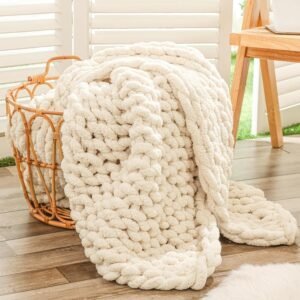 Bigacogo Chunky Knit Throw Blanket for Couch, 40×60 inches, 100% Hand Knitted with Thick Jumbo Chenille Yarn, Cozy Soft Large Rope Knot Cable Crochet Blankets for Sofa Bed Living Room, Beige