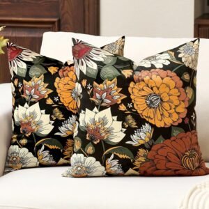 Tyrot Black Boho Floral Velvet Throw Pillow Covers 18×18 Inch Set of 2 Farmhouse Vintage Cushion Covers Mid Century Modern Botanical Home Decor Pillow Cases for Couch Bed Sofa Living Room, Bedroom