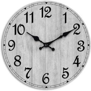 Wall Clock, Rustic Wall Clocks Battery Operated Silent Non Ticking, Country Round Wooden Clocks Farmhous Wall Decorative for Kitchen, Bathroom, Living Room (Gray 8 Inch)