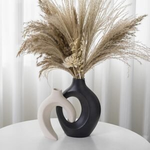 Black and Off-White Hollow Ceramic Vase Set of 2, Nordic Minimalist Aesthetic Snuggle Vases for Table Centerpiece Dining Living Room Book Shelf Decoration (W 6.3″ X H 8.4″)