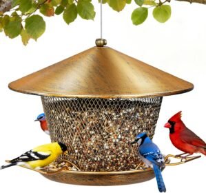 Metal Bird Feeder for Outdoor Hanging, Heavy Duty Waterproof Bird Feeder for Outside with 9.8″ Roof, 3.5 LBs Seeds Capacity, Easy to Fill & Clean
