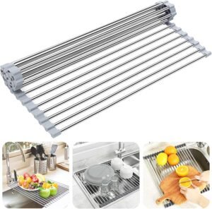 Over the Sink Dish Drying Rack, Searik Roll up Sink Dish Drainer Rack Foldable Kitchen Stainless Steel Dish Rack Sink Drying Rack (17.7” x 11.8”)