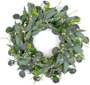 VioletEverGarden 20 Inch Green Wreaths for Front Door Artificial Eucalyptus Wreath Greenery Wreath with Berry for All Seasons Home Wall Window Decorations