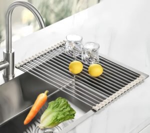 Roll Up Dish Drying Rack, 17.7″ x 11.8″ Over The Sink Dish Drying Rack, Kitchen Dish Rack Foldable Dish Drainer, Stainless Steel Dish Drying Rack for Kitchen Sink Counter Storage (Grey)