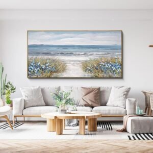 XLSJERST Framed Wall Art for Living Room Decor – Farmhouse Boho Beach Coastal Vintage Floral Ocean Wall Picture Flowers Sea Canvas Print Seascape Artwork for Home Living Room Bedroom Office 24×48