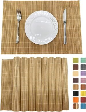 Set of 8 Pcs Bamboo Placemats Sushi Rolling Mat Japanese Style Natural Anti-Slip, Washable Heat-Resistant Table Mats for Dining Room and Kitchen（Brown）
