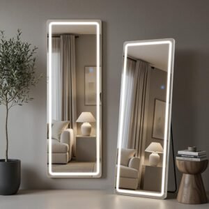 58″x18″ Full Length Mirror with LED Lights, Dimmable Lighted Floor Mirror with 3 Color Lighting & Touch Control, Standing Wall Mounted Full Body Mirror, Tempered Glass for Bedroom, White