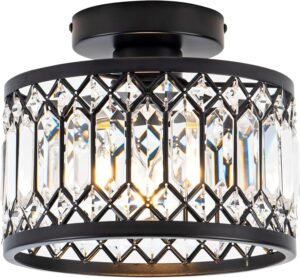 Rpzloila Crystal Ceiling Light Fixture, Modern Semi Flush Mount Ceiling Light,Crystal Chandelier for Kitchen Bedroom Bathroom Entryway Black (Bulb not Included)