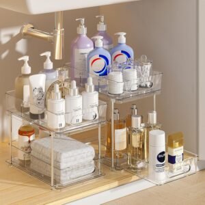 Delamu 2 Tier Under Sink Organizer Bathroom, Bathroom Cabinet Organizer with Snap-Lock Design and Hooks, Pull Out Storage with Movable Dividers, for Countertop, Kitchen and Pantry (Clear, 2 Pack)