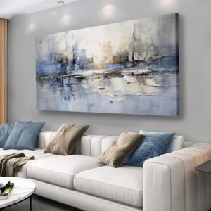 VHMING Abstract Wall Art Wall Decor Blue and Gray White Modern Canvas Wall Paintings Abstract Artwork for Living Room Bedroom Bathroom Office Home Decor Can Be Hung Directly 29″x 58″
