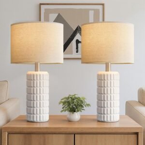 23″ Modern Ceramic Table Lamps Set of 2 – Table Lamps for Living room, Farmhouse Bedside Night Stands Lamp for Bedroom, White Boho Nightstand Lamps Set of 2, Desk Lamp for End Table Home Decor