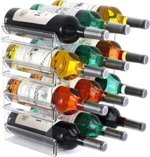 Plastic Water Bottle Organizer and Wine Rack Storage Holder,4 Tier 12 Containers Stackable Free-Standing Bottle Storage Rack for Kitchen Countertops, Table Top, Pantry, Bars, Cabinets, Fridge – Clear
