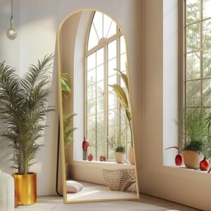 Sweetcrispy 64″x21″ Arched Full Length Mirror, Leaning or Standing Full Body Mirror with Aluminum Alloy Thin Frame, Suitable for Bedroom or Cloakroom,Gold