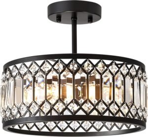 Pevfah Crystal Black Ceiling Light, Modern Semi Flush Mount Ceiling Lighting Fixture, Round Hallway Lighting Fixtures Chandelier for Kitchen Entryway Bedroom Dining Room, 3-Light, 12.2 Inch