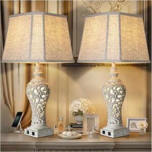 LuxSight Collection 32″ Tall Table Lamps Set of 2 – Bedside Lamp with Fabric Shades – for Bedroom and Living Room with USB and Nightlight – Perfect for Nightstands and Bedrooms – Bulbs Included