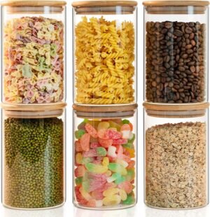 Liuruiyu Glass Food Storage Jars 6-Pack 37oz – 4×6 in-Clear Glass Food Canisters with Bamboo Lid Airtight For Serving Tea, Coffee, Flour, Sugar, Candy, Cookie, Spice and More (Circular)