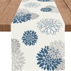 Blue Gray Table Runner Dahlia Pinnata Flower Beige Table Runners Modern Elegant Pompon Farmhouse Geometric Table Center Decor for Home Dining Party Entrance (13×72 Inch)