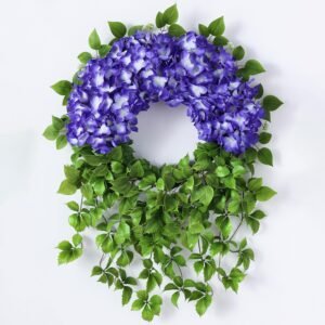 Artificial Hydrangea Wreath for Front Door Outside – Fake Hydrangea Soft Textured Ivy, Spring Summer Greenery Flowers Wreath, for Home Mantel Window Farmhouse Decor (23″, Purple)