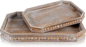 2 Pack Farmhouse Wooden Ottoman Tray with Bead, 16″ x 12″ x 1.5″ and 12″ x 9″ x 1″ Rustic Wooden Decorative Serving Tray Set for Kitchen Counter Living Room Coffee Table Farmhouse Decor