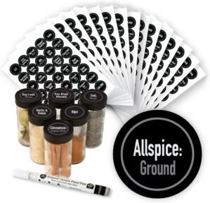 AllSpice Ultimate Spice Label Set 525 Preprinted Water Resistant Round Spice Jar Labels Set 1.5″ with Extra Fine White Paint Pen(Modern Black)