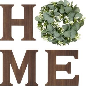 Mkono Farmhouse Wall Home Sign with Artificial Eucalyptus for O Rustic Wooden Hanging Letters Decorative Wall Art Decor for Living Room Kitchen Entryway Housewarming Gift, Brown