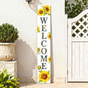 Vertical Wooden Sunflower Welcome Porch Sign,Rustic Summer Porch Standing Sign,Decorative Plaques for Front Door,Farmhouse Style Outdoor Welcome Decoration-47.2″H.