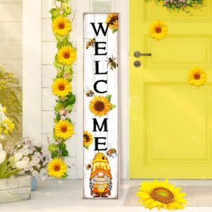 Summer Sunflower Welcome Porch Sign Outdoor Standing Decoration Wooden Vertical Sign Rustic Sunflower Bee Gnomes Outdoor Front Porch Decor for Farmhouse Door Decoration, 47″ H