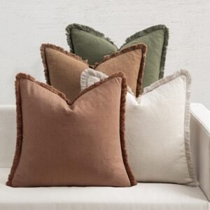 MIULEE Decorative Couch Pillow Covers Neutral Linen Fringe Throw Pillows Set of 4 Soft Rustic Cushions Boho Farmhouse Pillowcases for Bed Sofa Living Room Spring Decor 18×18 Inch Beige/Brown/Green