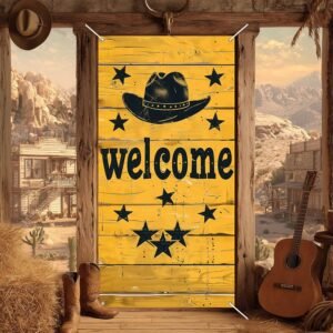 BlissYard Welcome Cowboy Door Cover 71×35 Inch Rustic Wood Style Welcome Sign Banner for Western Party Decor Barn Door Backdrop and Home Party Supplies Door Decor