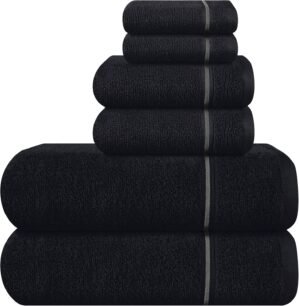 MyOwn Ultra Soft 6 Pack Cotton Towel Set, Contains 2 Bath Towels 28×55 inch, 2 Hand Towels 16×24 inch & 2 Wash Coths 12×12 inch, Ideal Everyday use, Compact & Lightweight – Black