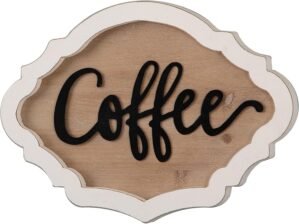 Farmhouse Coffee Bar Sign 16 Inches, Hanging Rustic Black Coffee Metal Sign, Distressed Curved White Wood Frame for Kitchen Wall Decor, Coffee Sign for Coffee Station Accessories