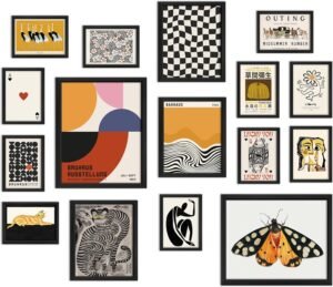 ANERZA 16 PCS Framed Eclectic Wall Art Decor, Modern Maximalist Wall Prints for Bedroom, Vintage Gallery Wall Frame Set, Bauhaus Funky Posters for Home Decor, Retro Abstract Dorm Collage Kit