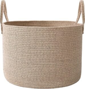 JMvicyroam 65L Extra Large Blanket Basket for Living Room – Woven Cotton Rope Laundry Hamper with Reinforced Handles – Storage Bin for Pillows, Comforters & Toys – Machine Washable,Oatmeal