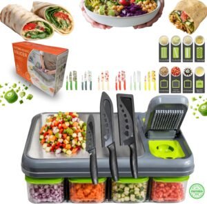 “28PCS Ultimate Vegetable Chopper Set – Multifunctional Food Processor with Large Container, Sharp Stainless Steel Blades & Hand Guard for Quick, Safe, Effortless Slicing, Dicing & Grating”