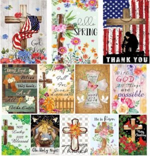 Christian Seasonal Garden Flags Set of 12 Double Sided 12 x 18 Inch Cross Yard Flags, Small Flags for Outside, Fall Winter Easter Christmas Outdoor Flags, Holiday Garden Flags for All Seasons ﻿