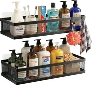 PUSDON Mesh Shower Caddy Wall Mount, Heavy Duty Adhesive Bathroom Shelf Organizer, Rustproof Floating Spice Rack for Kitchen Pantry, Holds 50 LBS, Multi-Purpose Storage Black-2 Packs (Netting)