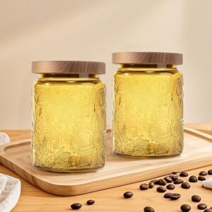Prettidecor 2 Pack Glass Storage Jar with Bamboo Lid, 23.7 FL Oz Kitchen Glass Food Storage Containers for Candy, Coffee Tea Beans, Oats,Flour, Grains