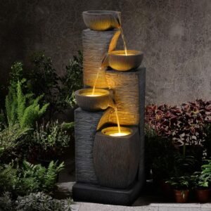 38.2″ Tall Outdoor Water Fountain,Stone Texture Modern 4 Tiers Cascading Bowls Garden Fountains Outdoor,Suit for Patio, Deck, Porch, Lawns, Backyard and Home Art Decor