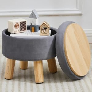 Small Foot Stool Ottoman with Storage, Velvet Ottoman Foot Rest for Couch, Round Footstool with Storage, Small Ottomans and Footstools for Living Room and Entryway (Gray)