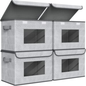 Univivi Fabric Foldable Storage Boxes [4-Pack] Large Collapsible Stackable Storage Bins with Lids, Closet Organizers and Storage Cube Basket for Home, Office, Bedroom (Gray, 17“ x 12” x 12″)