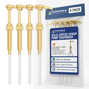 PERMINKS Premium Coffee Syrup Pump Dispenser, Fits 750ml Torani, Skinny & Davinci Bottles, Precise 1/4 oz Flow, Lockable Leak-Proof Design for Coffee Bar Accessories & Essential (4-Pack, Gold)